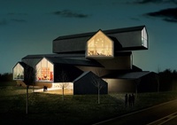 Besonders beeindruckend wirkt das VitraHaus im Dunkeln, das Geb�ude verschwimmt vor dem dunklen Hintergrund, das Innenleben erstrahlt nach au�en. 
Architekt Herzog & de Meuron, Foto Leon Chew