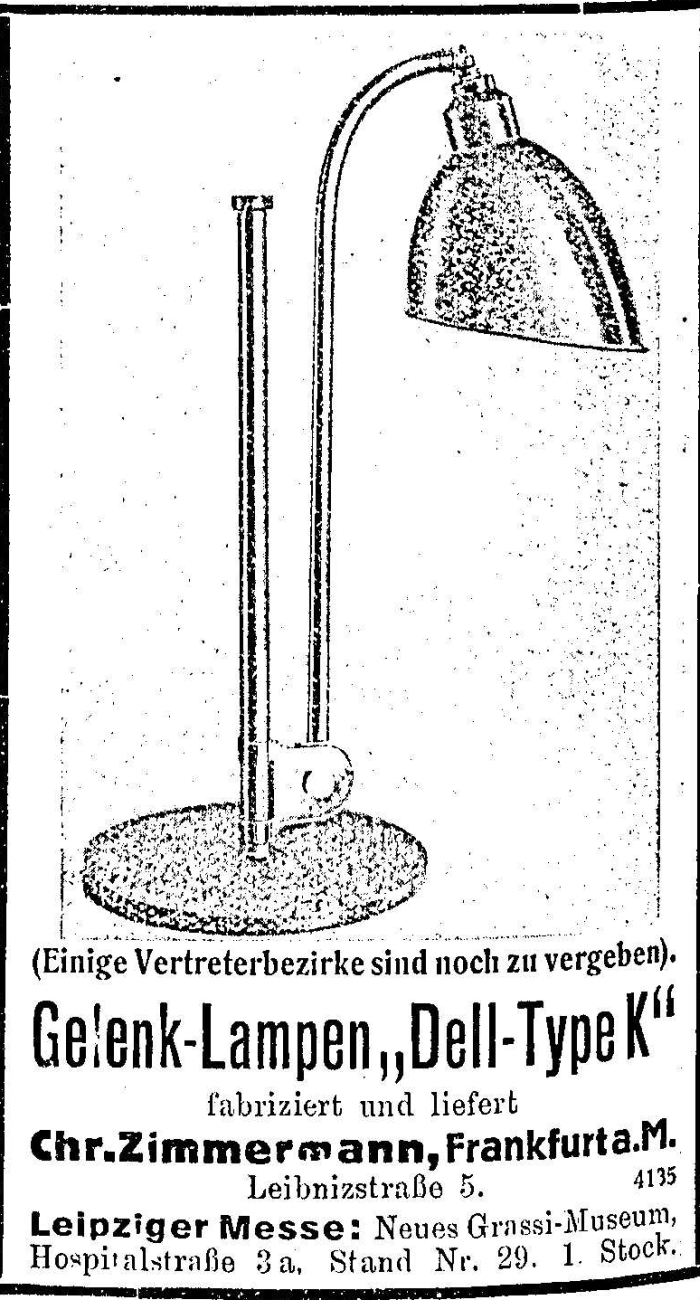 Dell-Lamp Type K by Christian Dell through Zimmermann GmbH (Advert in context of the 1930 Leipzig Frühjahrsmesse)