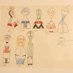 Original Wooden Doll Zeichnungen von Alexander Girard, gesehen in der Ausstellung “Alexander Girard. A Designer’s Universe”, Vitra Design Museum