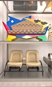 Which sofa looks more "domestic"? Kandissi by Alessandro Mendini (top) and Rover 2-Seater 3,5 Litre by Ron Arad (bottom), as seen at Ron Arad. Yes to the Uncommon!, the Vitra Design Museum Schaudepot