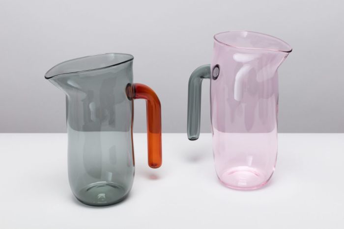 Coloured incalmo glass jugs by Jochen Holz, part of Radical Craft Direktorenhaus Museum für Kunst Handwerk Design Berlin