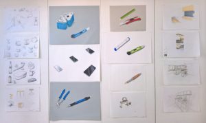 Zeichnungen der Studenten von Raum- und Objektdesign, gesehen bei Schulen für Holz und Gestaltung Garmisch-Partenkirchen 2019 Sommerausstellung.