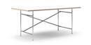 Eiermann Tisch, Melamin weiß mit Eichekante, 180 x 90 cm, Chrom, senkrecht, versetzt (Eiermann 2), 135 x 66 cm