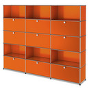 USM Haller Aktenregal XL, individualisierbar, Reinorange RAL 2004, Mit 3 Klappen, Mit 3 Klappen, Offen, Mit 3 Auszügen