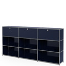 USM Haller Highboard XL, individualisierbar, Stahlblau RAL 5011, Mit 3 Klappen, Offen, Offen