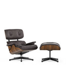 Lounge Chair & Ottoman, Nussbaum schwarz pigmentiert, Leder Premium F chocolate, 84 cm - Originalhöhe 1956, Aluminium poliert, Seiten schwarz