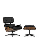 Lounge Chair & Ottoman, Nussbaum schwarz pigmentiert, Leder Premium nero, 84 cm - Originalhöhe 1956, Aluminium poliert, Seiten schwarz