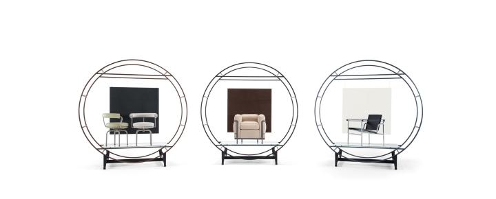 Products from the LC Collection by Cassina: A drawing of three of the designs in circles