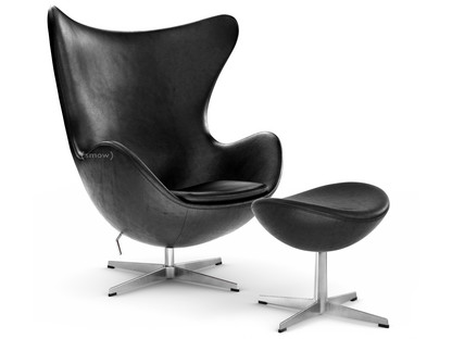Egg Chair Leder Grace|Black|Satingebürstetes Aluminium|Mit Fußhocker
