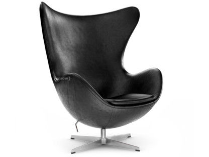 Egg Chair Leder Grace|Black|Satingebürstetes Aluminium|Ohne Fußhocker