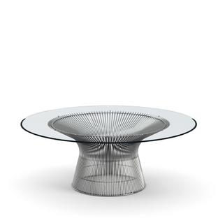 Platner Couchtisch groß (Durchmesser 107 cm)|Nickel, poliert|Klarglas