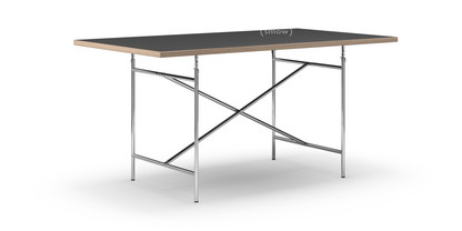 Eiermann Tisch Linoleum schwarz (Forbo 4023) mit Eichekante|160 x 90 cm|Chrom|senkrecht, mittig (Eiermann 2)|100 x 66 cm