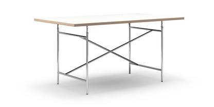 Eiermann Tisch Melamin weiß mit Eichekante|160 x 90 cm|Chrom|schräg, mittig (Eiermann 1)|110 x 66 cm