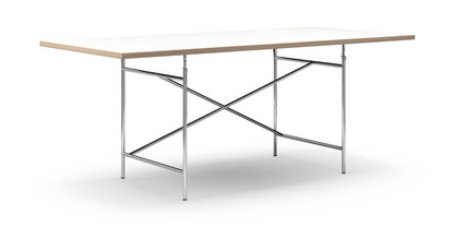 Eiermann Tisch Melamin weiß mit Eichekante|200 x 90 cm|Chrom|schräg, versetzt (Eiermann 1)|110 x 66 cm