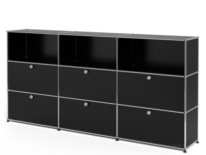 USM Haller Highboard XL, individualisierbar Graphitschwarz RAL 9011|Offen|Mit 3 Klappen|Mit 3 Auszügen