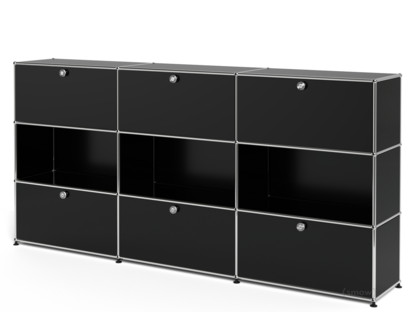 USM Haller Highboard XL, individualisierbar Graphitschwarz RAL 9011|Mit 3 Klappen|Offen|Mit 3 Auszügen