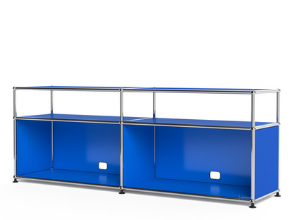 USM Haller Lowboard L mit Aufbau, individualisierbar Enzianblau RAL 5010|Offen|Mit Kabeldurchlass unten mittig