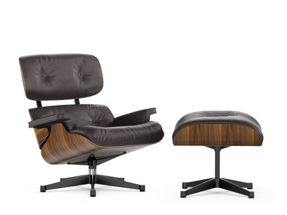 Lounge Chair & Ottoman Nussbaum schwarz pigmentiert|Leder Premium F chocolate|84 cm - Originalhöhe 1956|Aluminium poliert, Seiten schwarz