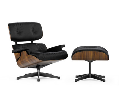 Lounge Chair & Ottoman Nussbaum schwarz pigmentiert|Leder Premium F nero|84 cm - Originalhöhe 1956|Aluminium poliert, Seiten schwarz