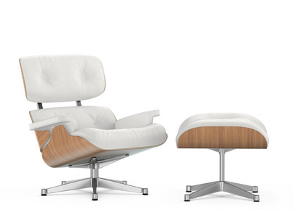 Lounge Chair & Ottoman Nussbaum weiß pigmentiert|Leder Premium F snow|84 cm - Originalhöhe 1956|Aluminium poliert