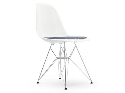 Eames Plastic Side Chair RE DSR Weiß|Mit Sitzpolster|Dunkelblau / elfenbein|Standardhöhe - 43 cm|Verchromt