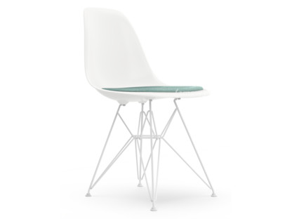 Eames Plastic Side Chair RE DSR Weiß|Mit Sitzpolster|Eisblau / elfenbein|Standardhöhe - 43 cm|Beschichtet weiß