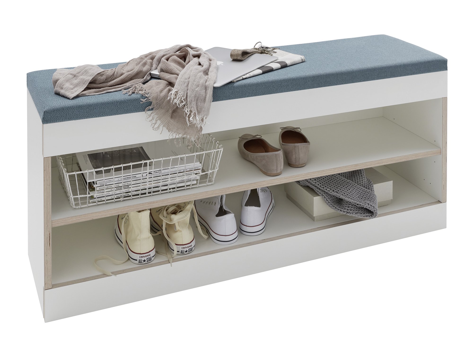 Flai Stauraumbank, Melamin weiß mit Birkenkante, Mit Schubkasten, Ohne Sitzkissen | Müller Small Living | Garderoben