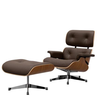 Eames Lounge Chair & Ottoman, Nussbaum natur, Leder Premium F kastanie, 84 cm - Originalhöhe 1956, Aluminium poliert