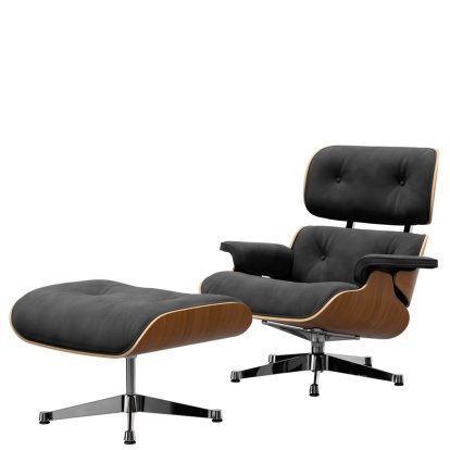 Eames Lounge Chair & Ottoman Calma, Nussbaum natur, Calma, dunkelgrau, 84 cm - Originalhöhe 1956, Aluminium poliert