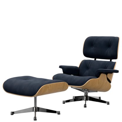 Eames Lounge Chair & Ottoman Calma, Kastanie natur, Calma, nachtblau, 89 cm, Aluminium poliert