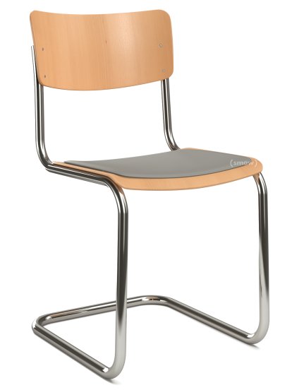 S 43 Klassik Freischwinger, Gestell verchromt, Buche gebeizt, Buche natur, Sitzauflage hellgrau meliert, gepolstert, Ohne Gleiter