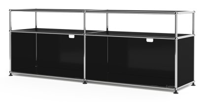 USM Haller Lowboard L mit Aufbau, individualisierbar, Graphitschwarz RAL 9011, Offen, Mit Kabeldurchlass oben mittig