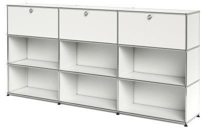 USM Haller Highboard XL, individualisierbar, Reinweiß RAL 9010, Mit 3 Klappen, Offen, Offen