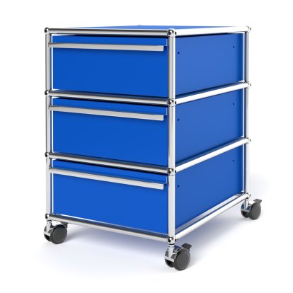USM Haller Rollcontainer mit 3 Schubladen Typ I (mit Gegengewicht), Kein Schloss, Enzianblau RAL 5010