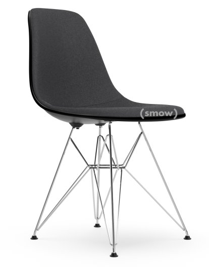 Eames Plastic Side Chair RE DSR, Tiefschwarz, Mit Vollpolsterung, Dunkelgrau, Standardhöhe - 43 cm, Verchromt