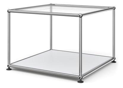 USM Haller Beistelltisch 50, Oben Glas, unten Metall, USM mattsilber