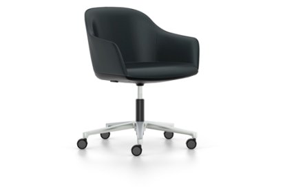Softshell Chair auf Fünfsternfuß, Aluminium poliert, Leder (Standard), Nero, Hart für Teppichboden