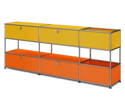 USM Haller Kinder Sideboard L mit Aufbewahrungsboxen, Zweifarbig, Goldgelb RAL 6003 - Reinorange RAL 2004 , Mit Klappe