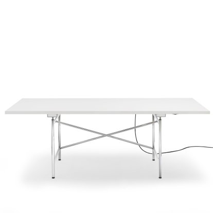 Eiermann 1 Tisch E (Elektrische Höhenverstellung), Melamin weiß mit weißer Kante, 200 x 90 cm, Chrom, Ohne Kabelkanal
