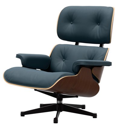 Eames Lounge Chair, Nussbaum dunkel, Leder Premium F rauchblau, 89 cm, Aluminium poliert, Seiten schwarz