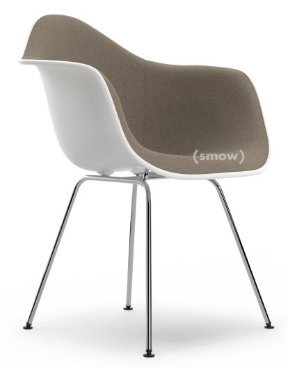 Eames Plastic Armchair DAX, Weiß RE, Mit Vollpolsterung, Warmgrey / moorbraun, Standardhöhe - 43 cm, Verchromt