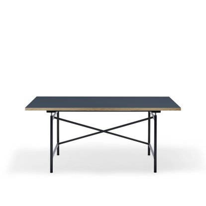 Eiermann 1 Tisch M (Mechanische Höhenverstellung), Linoleum rauchblau (Forbo 4179) mit Eichekante, 160 x 80 cm, Schwarz