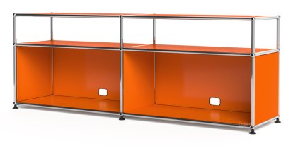 USM Haller Lowboard L mit Aufbau, individualisierbar, Reinorange RAL 2004, Offen, Mit Kabeldurchlass unten mittig
