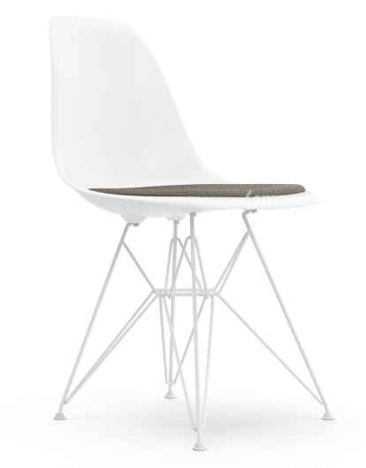Eames Plastic Side Chair RE DSR, Weiß non-RE, Mit Sitzpolster, Warmgrey / moorbraun, Standardhöhe - 43 cm, Beschichtet weiß