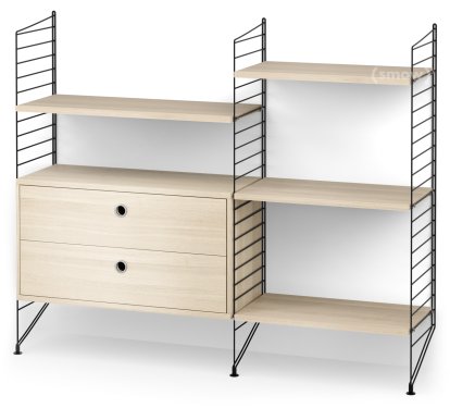 String System Bodenregal mit Schubladen, Schwarz, Eschefurnier