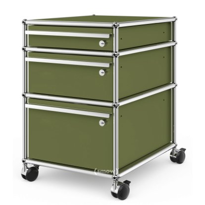 USM Haller Rollcontainer mit 3 Schubladen Typ II (mit Gegengewicht), Alle Fächer mit Schloss, Olivgrün RAL 6003