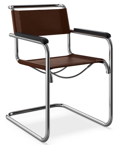 S 33 / S 34 Freischwinger, mit Armlehnen Buche gebeizt schwarz, Kernleder, schokolade, Ohne Gleiter