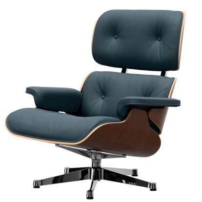 Eames Lounge Chair, Nussbaum dunkel, Leder Premium F rauchblau, 89 cm, Aluminium poliert