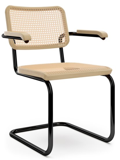 S 32 V / S 64 V Pure Materials Freischwinger, Eiche lackiert, Tiefschwarz (RAL 9005), mit Armlehnen, Kunststoffgleiter schwarz mit Filz