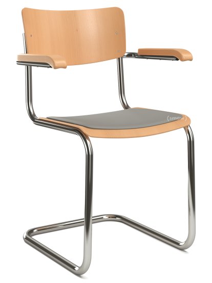 S 43 F Klassik Freischwinger, Gestell verchromt, Buche gebeizt, Buche natur, Sitzauflage hellgrau meliert, gepolstert, Kunststoffgleiter schwarz mit Filz